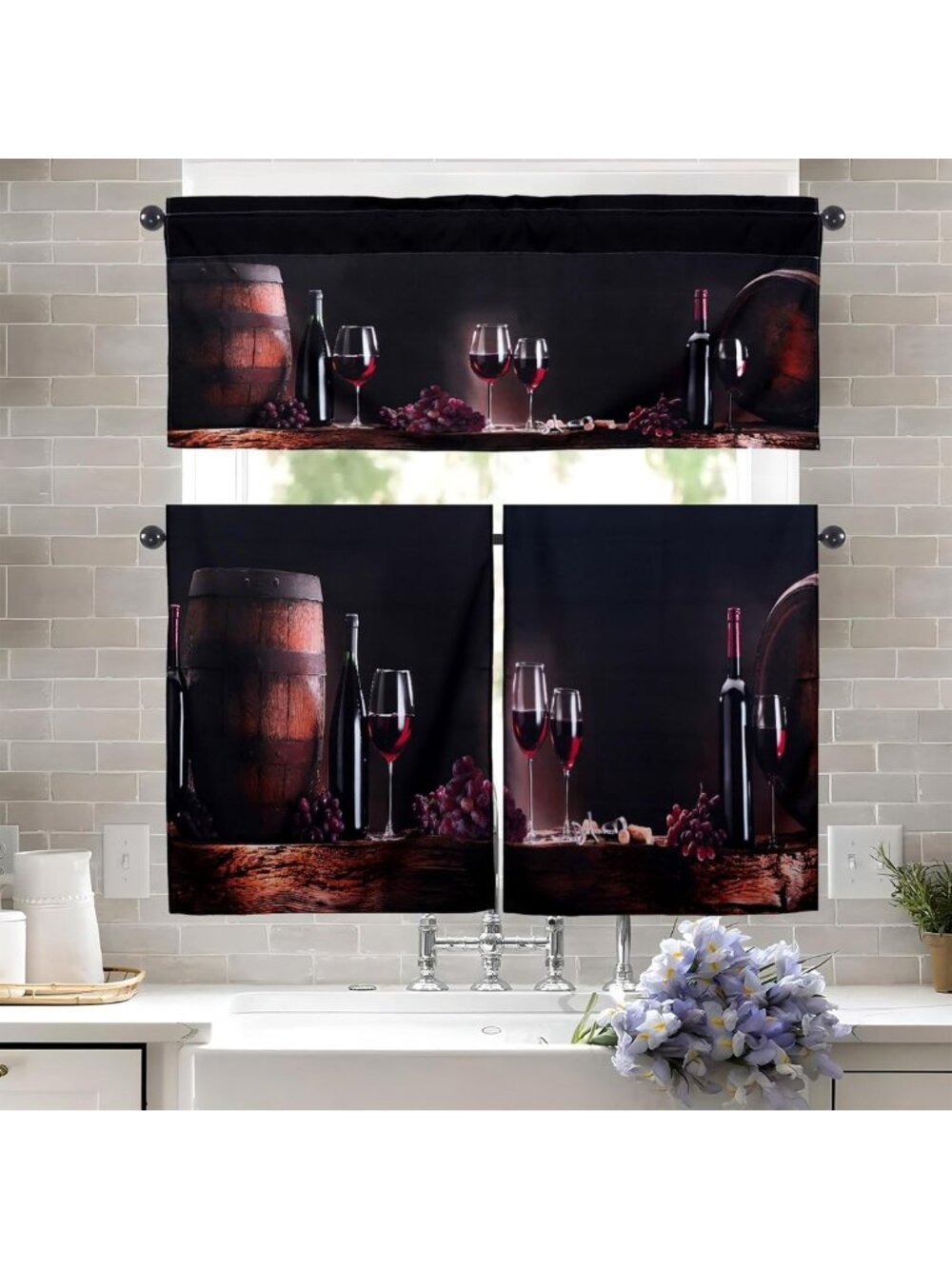 Elegant Wine Kitchen Curtains Set | 3-Piece Valance Window Decor for Home
